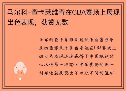 马尔科-查卡莱维奇在CBA赛场上展现出色表现，获赞无数